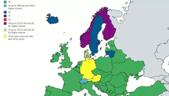 Map showing legal drinking age in European countries