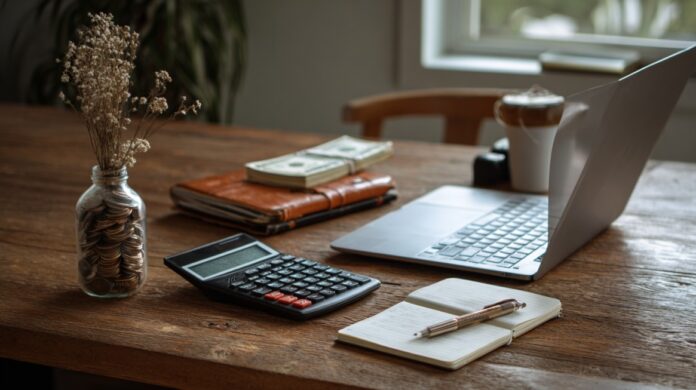 Workspace with laptop, calculator, cash, and notebook symbolizing financial planning and budgeting