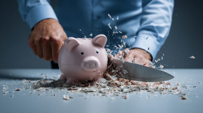 Man in a blue shirt slicing a piggy bank with a knife, symbolizing healthcare cost-cutting and budgeting
