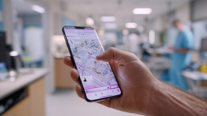 Close-up of a hand using a smartphone with a hospital navigation map app inside a medical facility