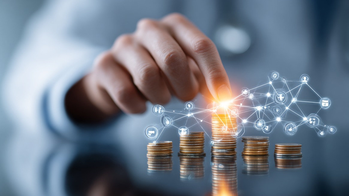 Smart Ways to Optimize Your Healthcare Budget in Germany Hand stacking coins with digital network icons representing financial planning and healthcare optimization