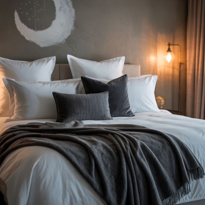 White bedding as a base, gray pillows for variation, and a charcoal blanket for depth