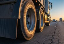 Close-up of heavy-duty truck tires rolling on cracked asphalt during a golden hour highway drive