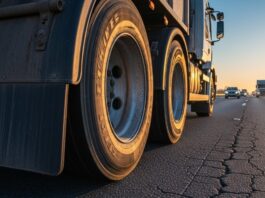 Close-up of heavy-duty truck tires rolling on cracked asphalt during a golden hour highway drive