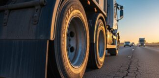 Close-up of heavy-duty truck tires rolling on cracked asphalt during a golden hour highway drive
