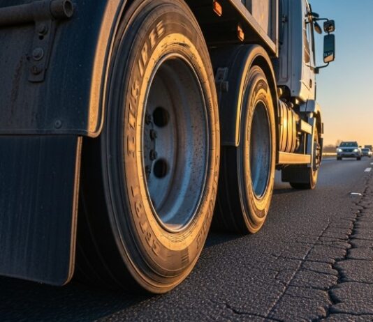 Close-up of heavy-duty truck tires rolling on cracked asphalt during a golden hour highway drive