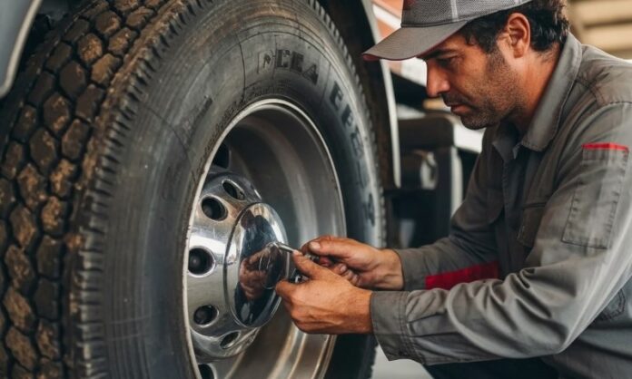 Mechanic intently checks the large, rugged truck tire