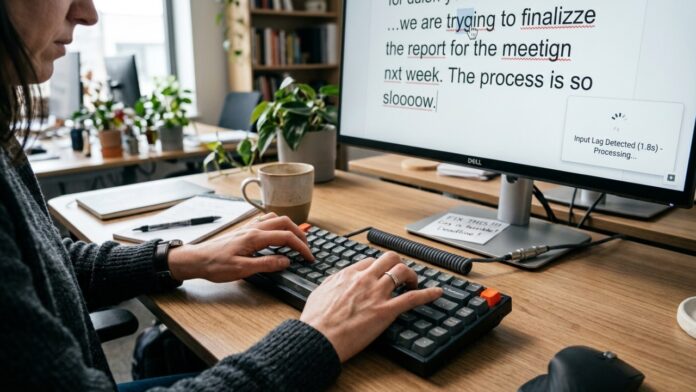 Person typing on a mechanical keyboard while a monitor shows spelling mistakes and input lag during a slow writing session.