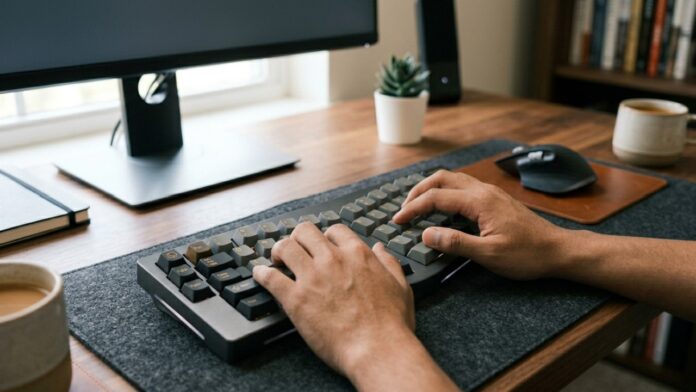 Hands typing on a compact ergonomic keyboard positioned for natural hand movement on a clean desk setup.