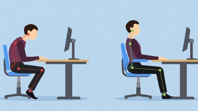 Illustration comparing poor and proper ergonomic sitting posture at a desk while using a computer keyboard.