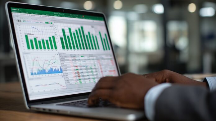 Business professional reviewing financial charts and data on an Excel dashboard