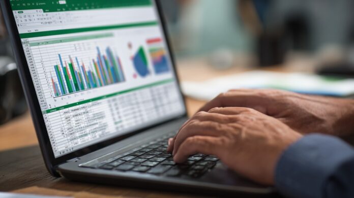 Person typing on a laptop with Excel spreadsheets and charts displayed on the screen